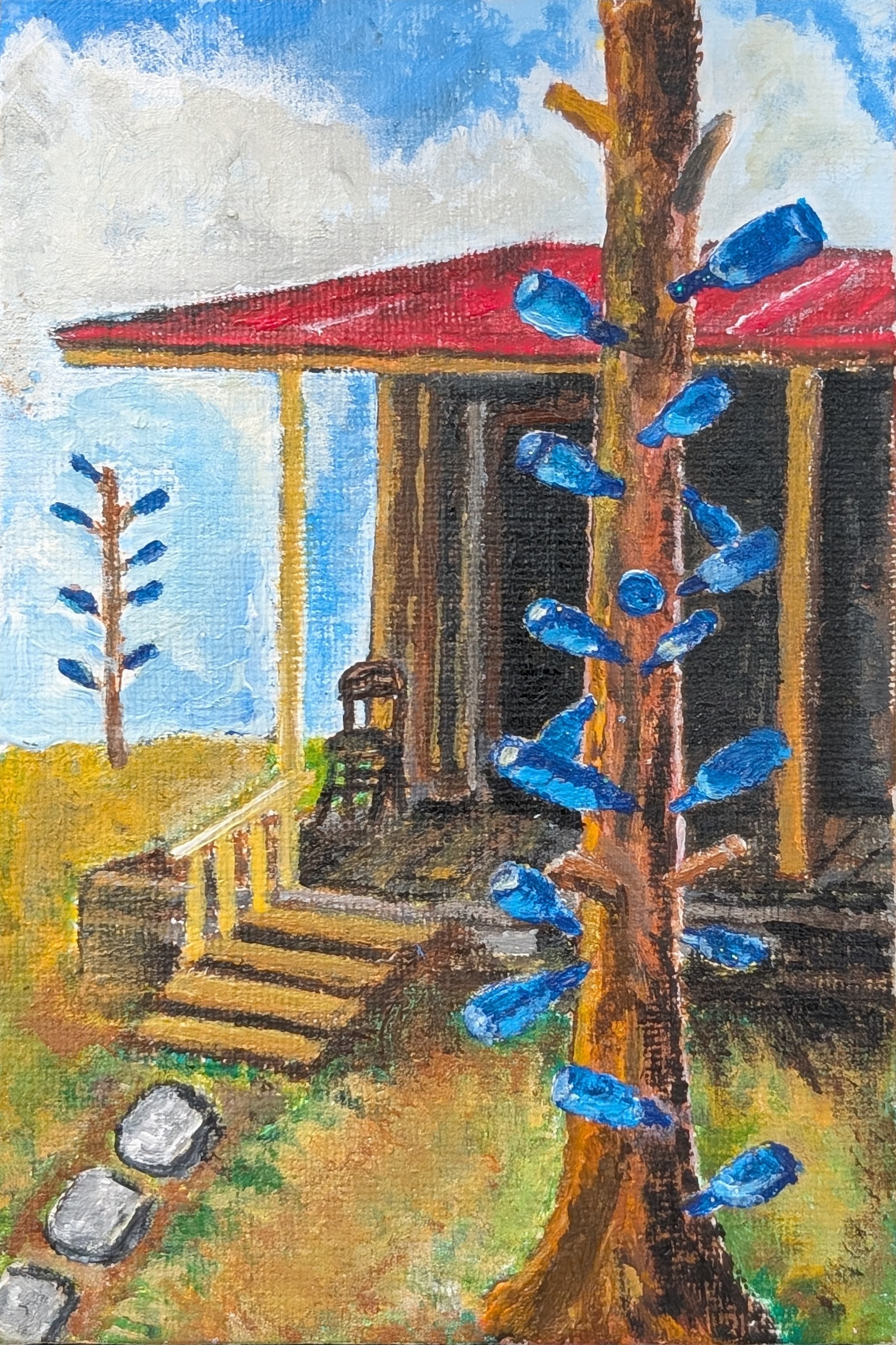 bottle tree with house canvas